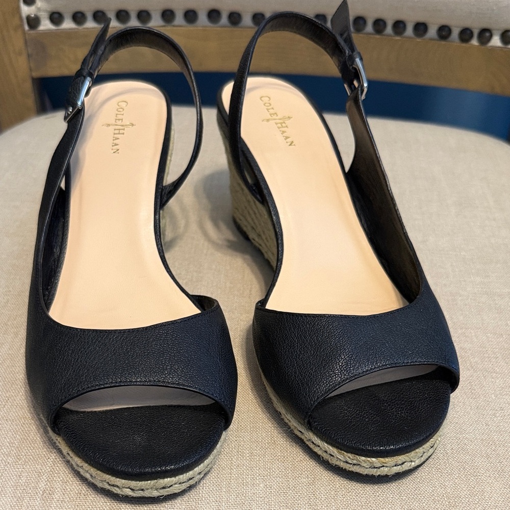 Cole Haan + Nike Air Black Pebbled Leather Slingback Espadrille Wedges, Size 9